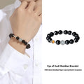 Men's S925 sterling silver God's Eye obsidian bracelet with 8mm geometric beads on a neutral background