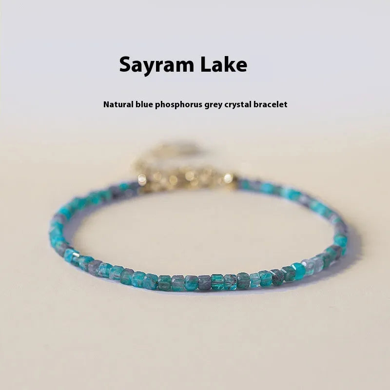 Women's natural blue apatite crystal bracelet with diamond-shaped stones, blue and gray, adjustable fit 14-18 cm.