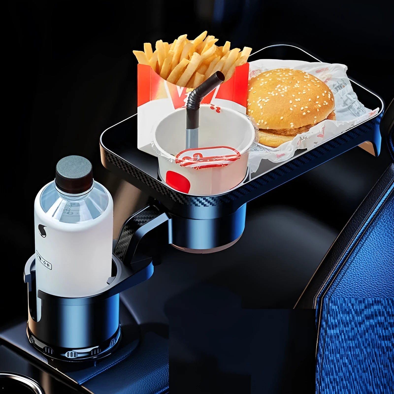 Black car-mounted rotating dinner tray holder with cup holder attachment
