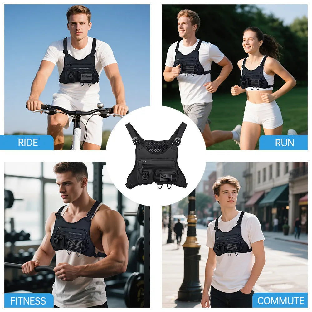 Oxford cloth chest bag designed as a riding vest in black, grey, and blue colour options