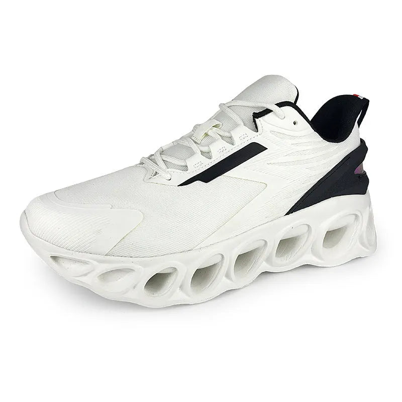 Men's low-top black breathable mesh casual sports shoes with a round toe and white lace-up fastening.