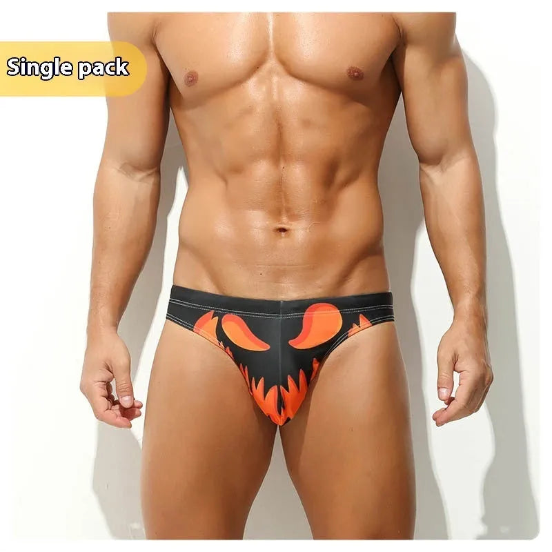Men's quick-drying digital printed low waisted polyester shorts with fun devil theme Halloween pattern