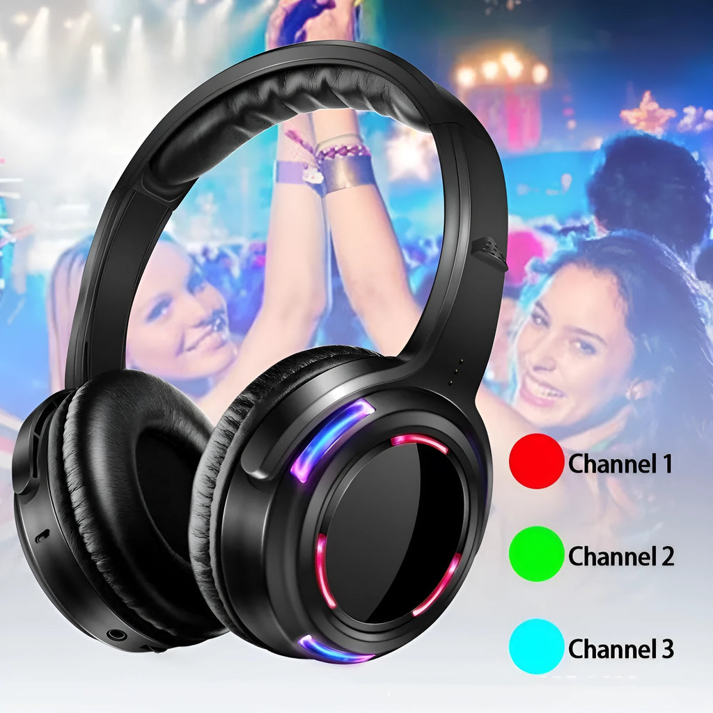 Black silent disco wireless headphones with over-ear design and 3.5mm plug