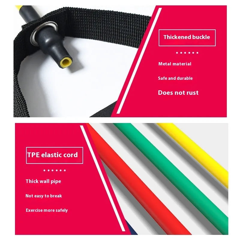 Adjustable chest expander exercise equipment with five colour-coded resistance bands from yellow to black