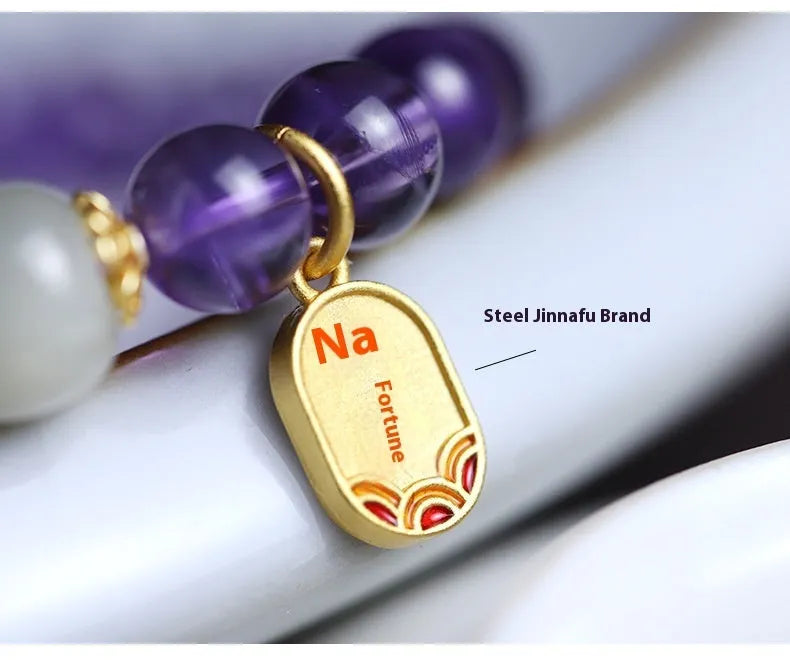 Simple amethyst bracelet with 8mm round crystal beads in geometric national style for women