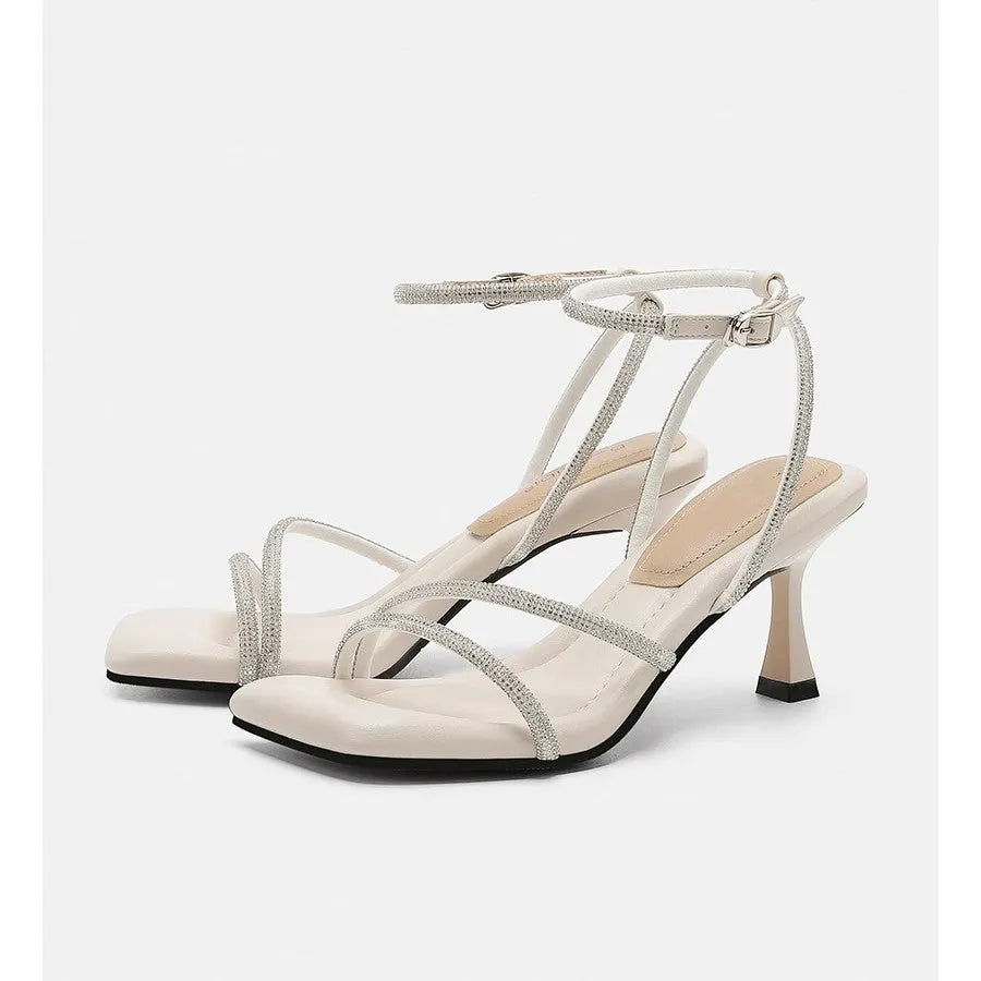 Women's rhinestone sandals with drooping effect square toe ankle-strap buckle PU upper rubber sole silver colour