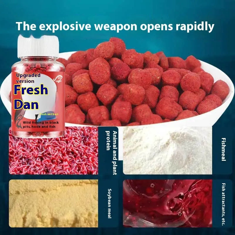 Fresh red fishing bait for crucian carp and grass carp in a bottle