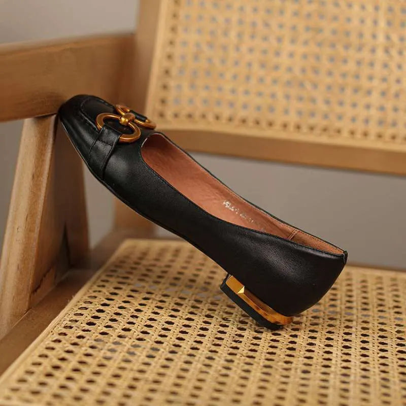 Women's Wanwan Lei style shallow mouth pumps with square toe, metal flat detail, and Mary Jane strap in various colours.
