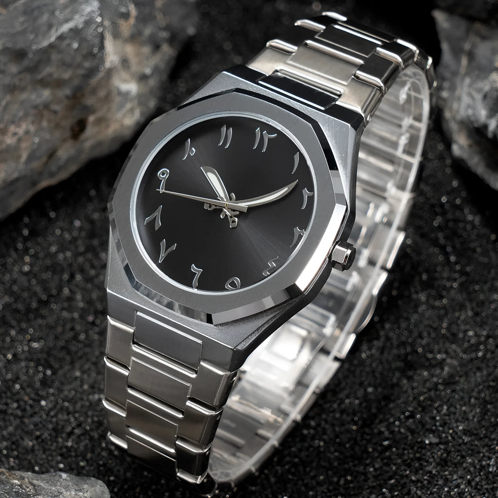 Men's business casual steel belt quartz watch showing black and silver colour options