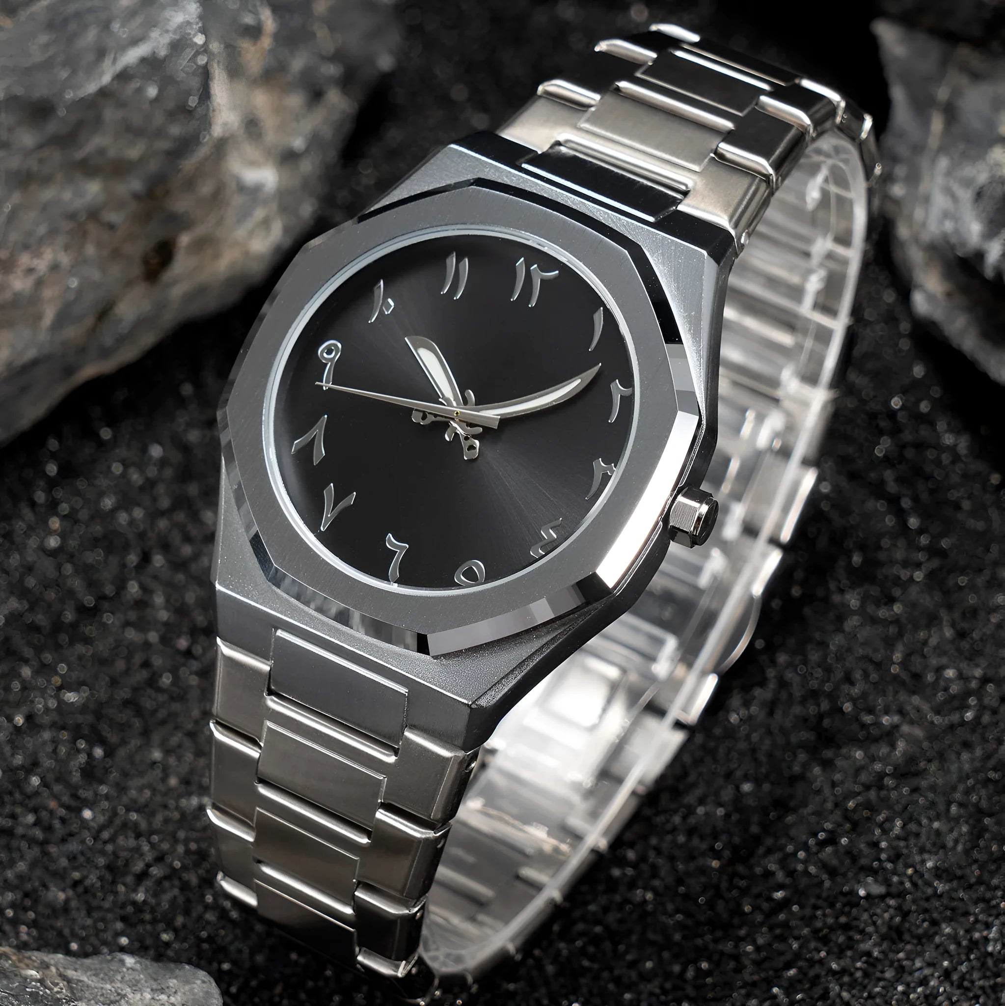 Men's business casual steel belt quartz watch showing black and silver colour options