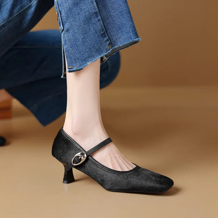 Women's square toe stiletto ankle-strap shoes in black or brown with horse hair upper and pigskin lining