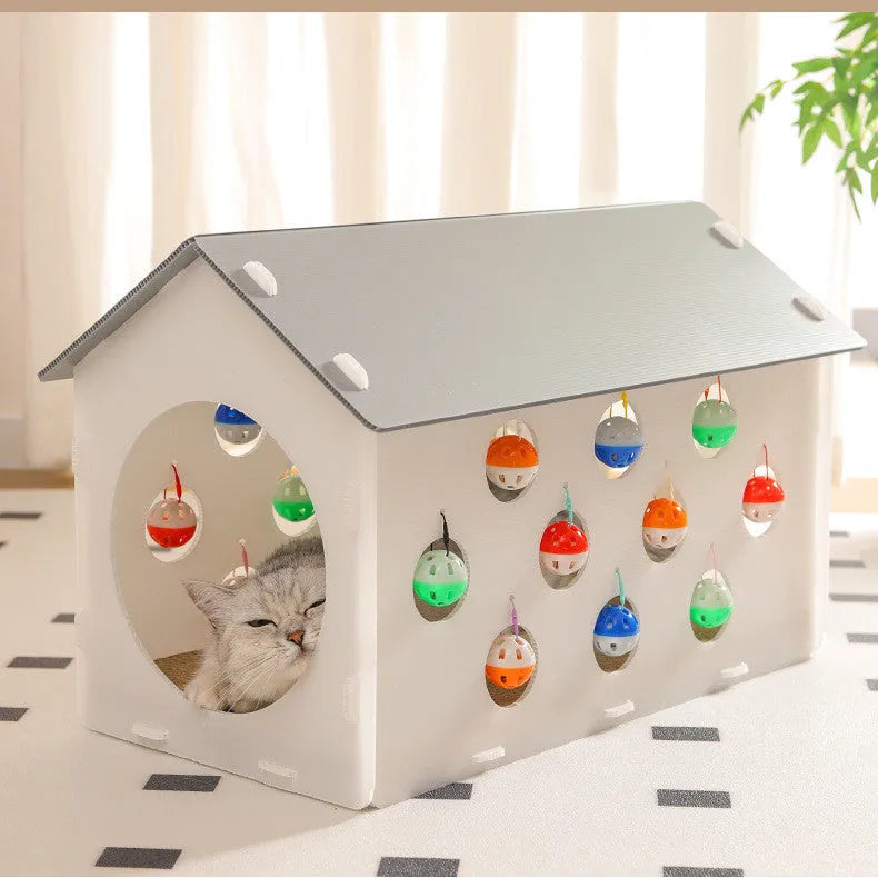 Integrated plastic cat scratch board with sleeping nest, tunnel, and included bell ball toy