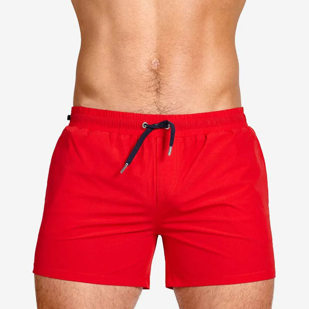 Polyester sports shorts with mesh lining in six colours: white, red, sky blue, dark blue, army green, rose red.