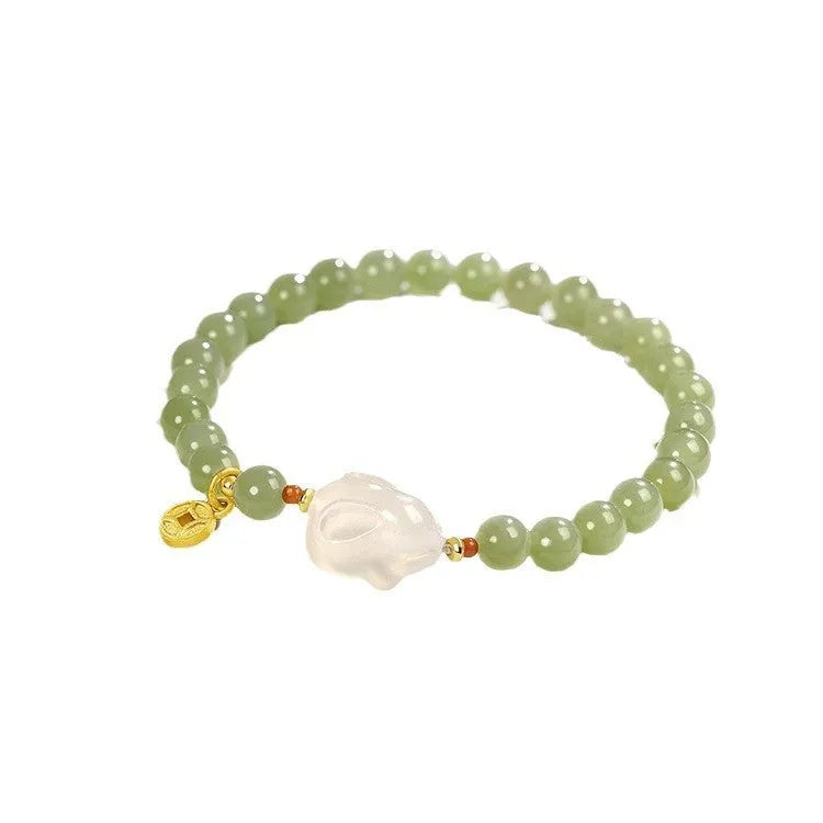 Handmade Hetian jade rabbit bracelet for women, glass and coloured glaze, 8mm and 10mm beads, gift box options