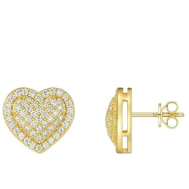Gold-coloured heart-shaped moissanite stud earrings made from S925 silver on a plain background.