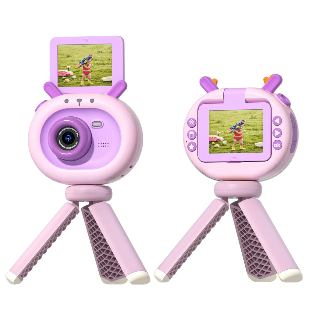 Dark green and purple children's digital camera with flip screen, silicone case, and lanyard.