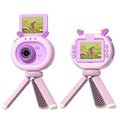 Dark green and purple children's digital camera with flip screen, silicone case, and lanyard.