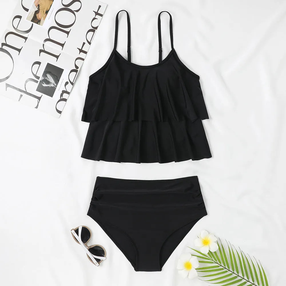 High-waist double-layer swimsuit with floral coconut tree patterns in black colour options