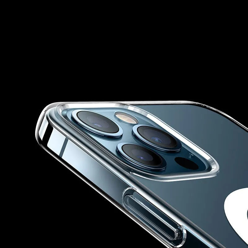 Transparent magnetic phone case for iPhone showing clear back and magnetic ring