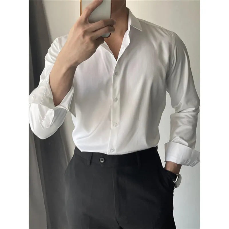 Men's Korean slim fit solid colour shirt in white, cardigan style, polyester blend, available in multiple sizes