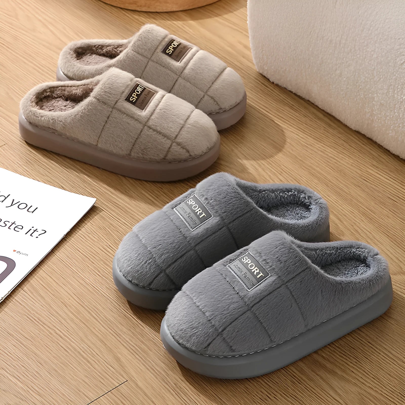 Men's plaid pattern slippers with wool lining and thick EVA soles in brown colour