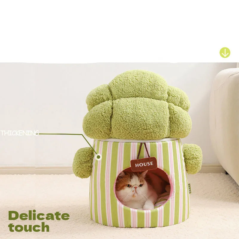Creative cauliflower tree hole enclosed small dog house and cat house in green plush material