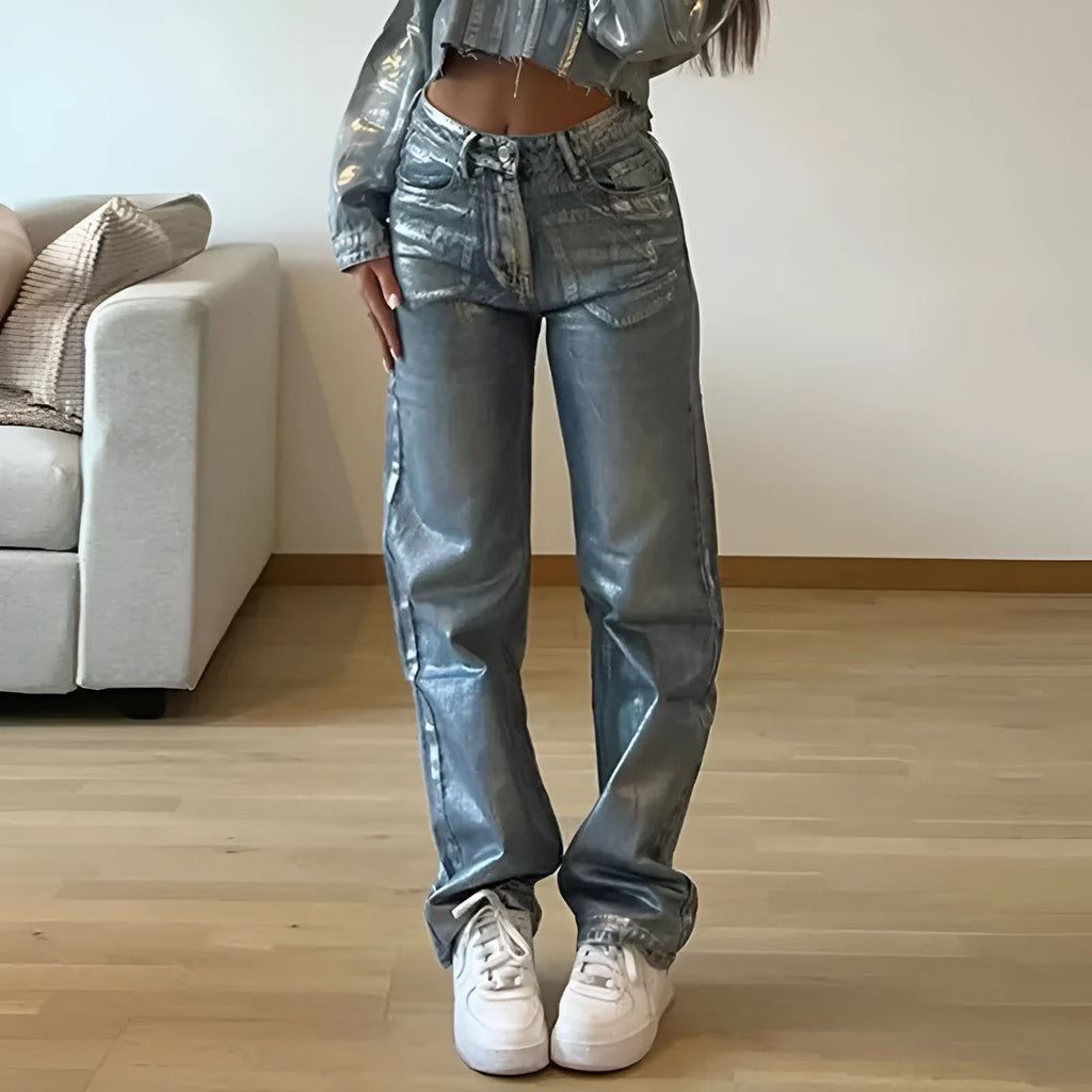 Blue high waisted straight leg jeans with silver contrast details on denim fabric