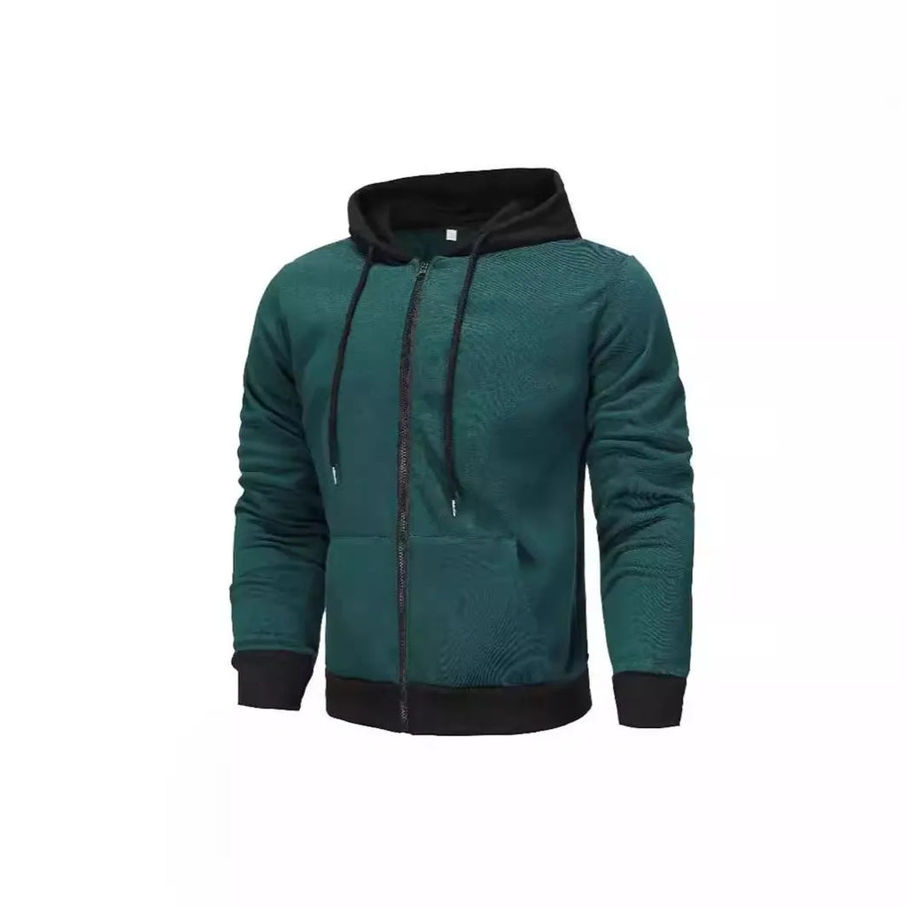 Men's black wool-lined zipper cardigan hoodie with hood and size patch pocket on light gray background