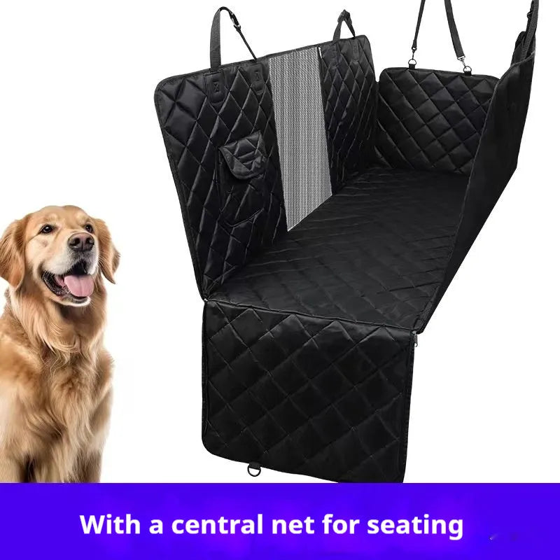 Pet car cushion in black cloth with medium mesh on a car seat for dogs