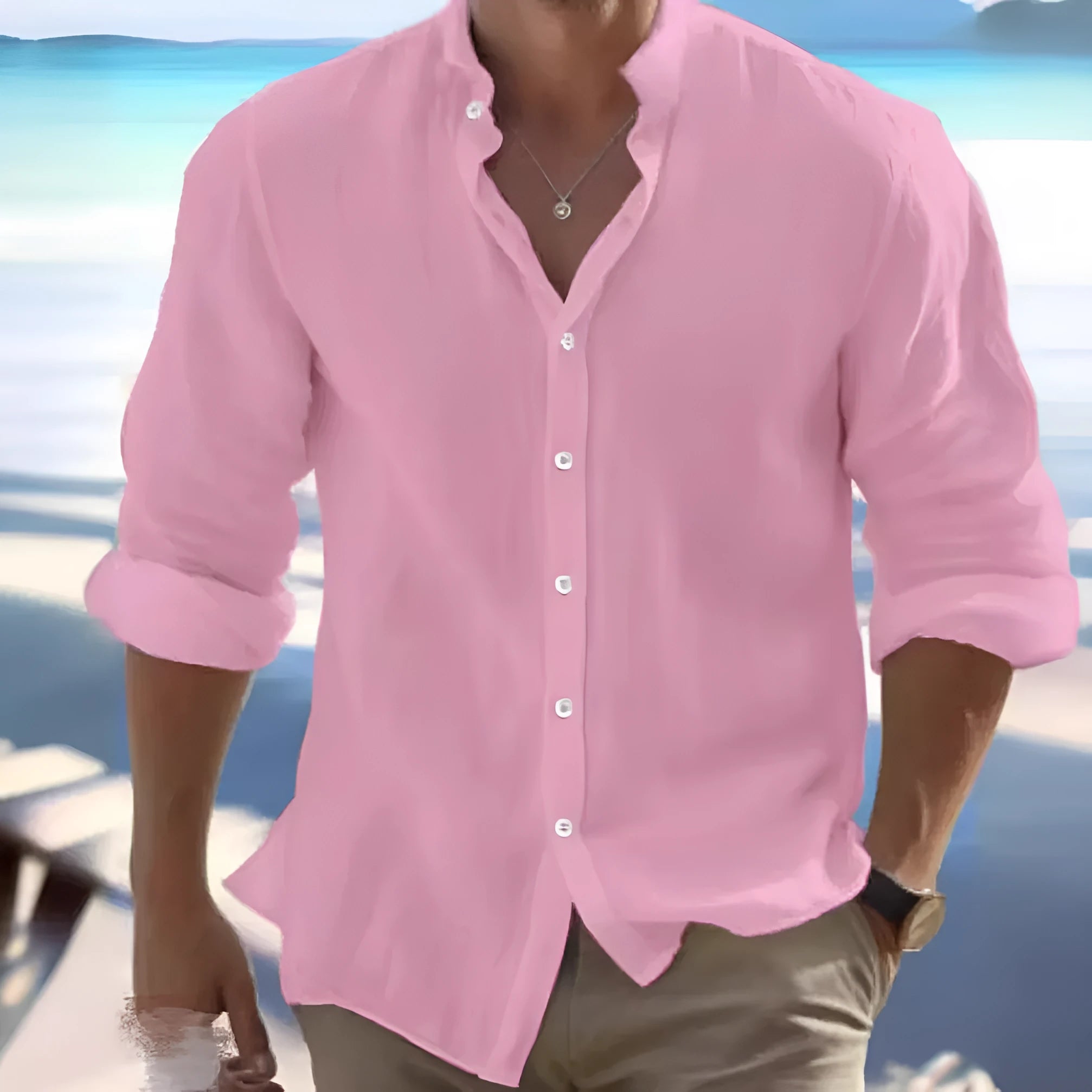 Men's casual linen button-up summer shirt in light blue displayed on hanger