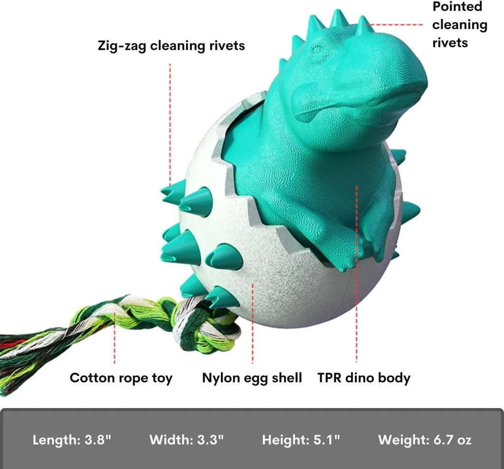 Blue dinosaur-shaped dog chew toy with rubber and nylon body, textured surface, and an integrated rope tail.