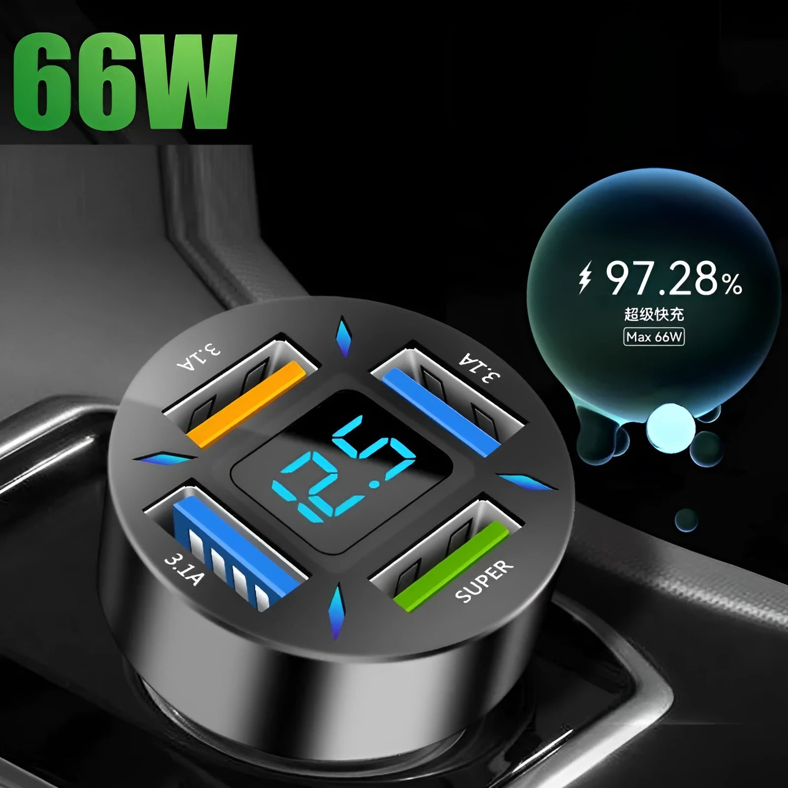 Black four-port USB car charger with digital display, plugged into a car 12V socket.