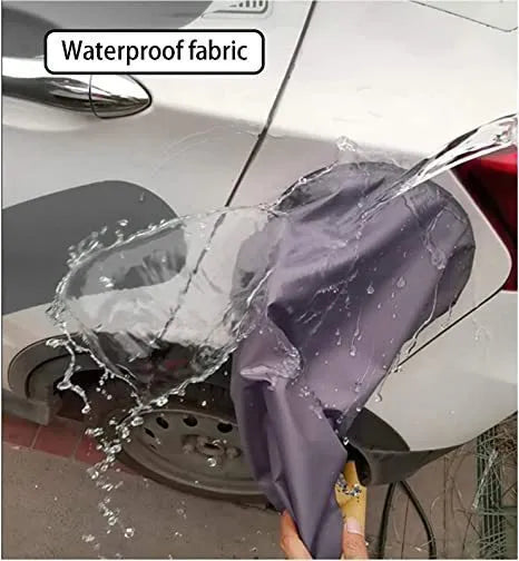 Grey waterproof drawstring cover for electric car charging port on a vehicle.