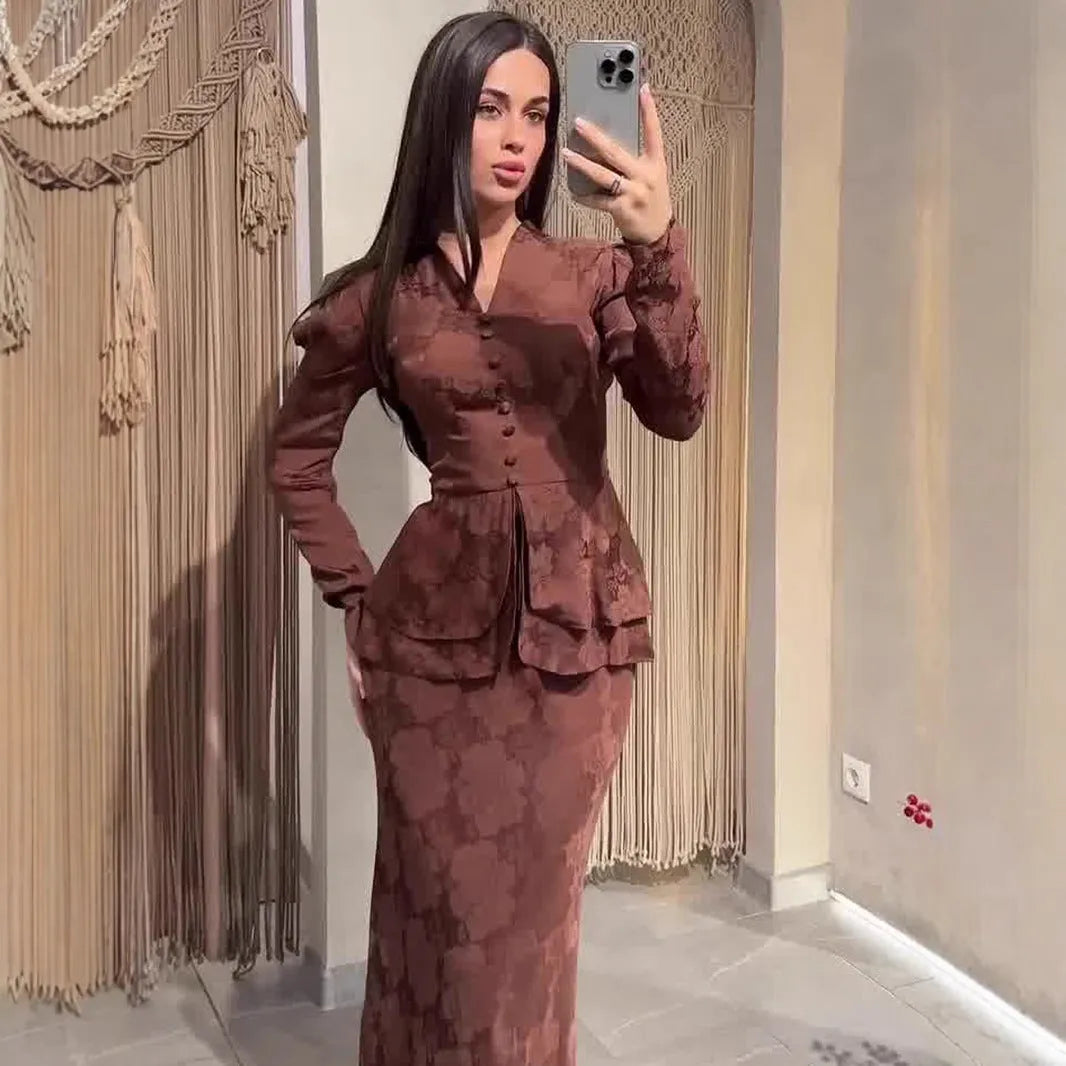 Dark brown women's retro style long sleeve dress with floral pattern and faux two-piece design.