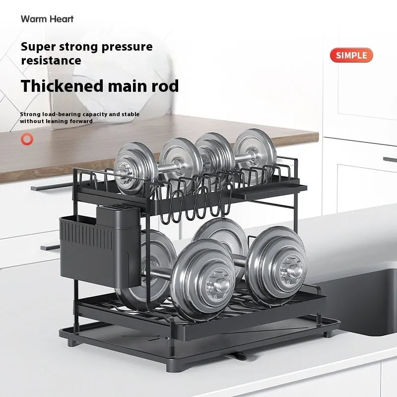 White double-layer kitchen storage rack with removable draining shelf made from carbon steel