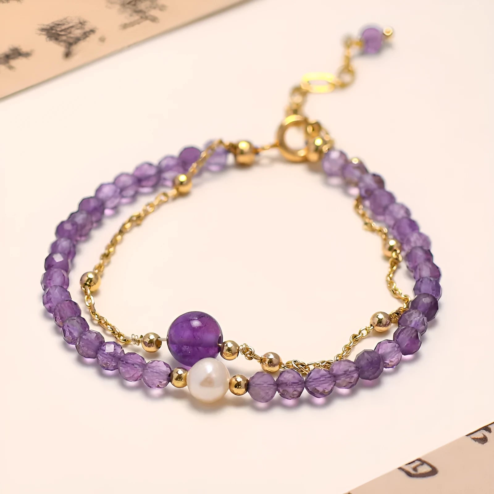 Chinese style amethyst crystal bracelet with diamond-shaped beads and electroplated finish for women