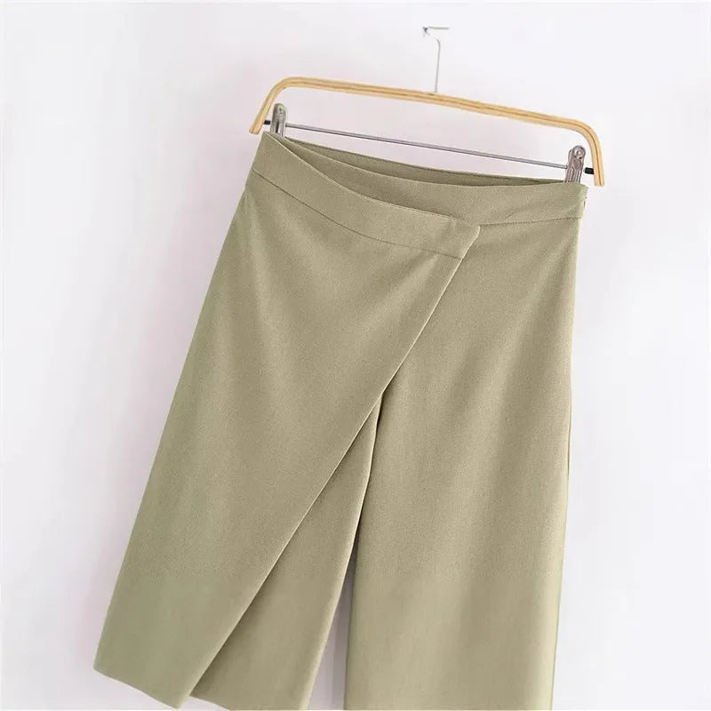 Women's linen-cotton blend straight-leg trousers in khaki, mid-waist, size M, casual street fashion style