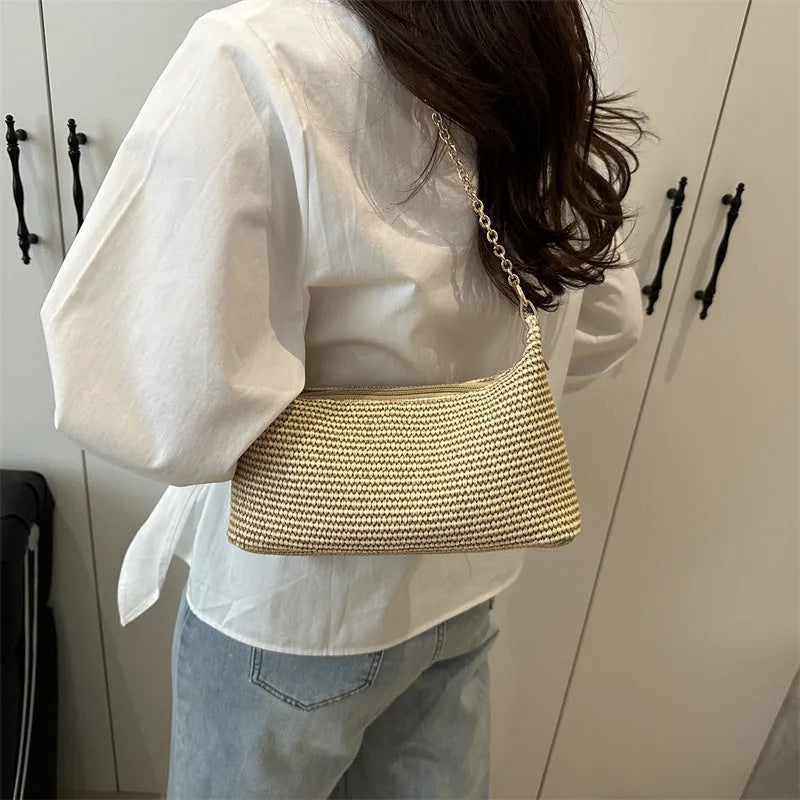 Straw woven beach shoulder tote bag in khaki with sandwich pocket and internal phone pocket