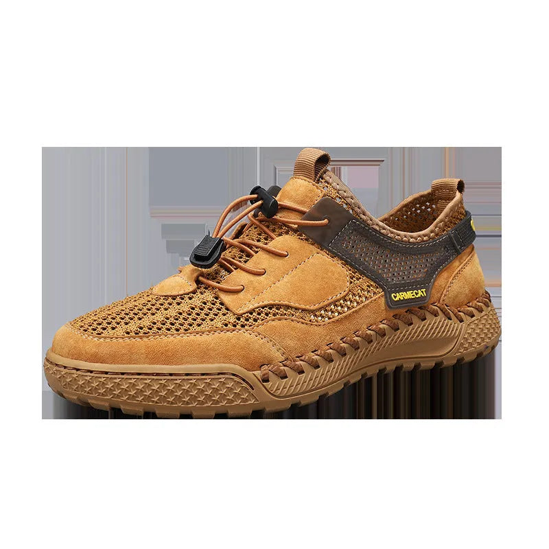 Men's suede low top walking shoes with hand-stitched rubber sole and elastic band in brown color