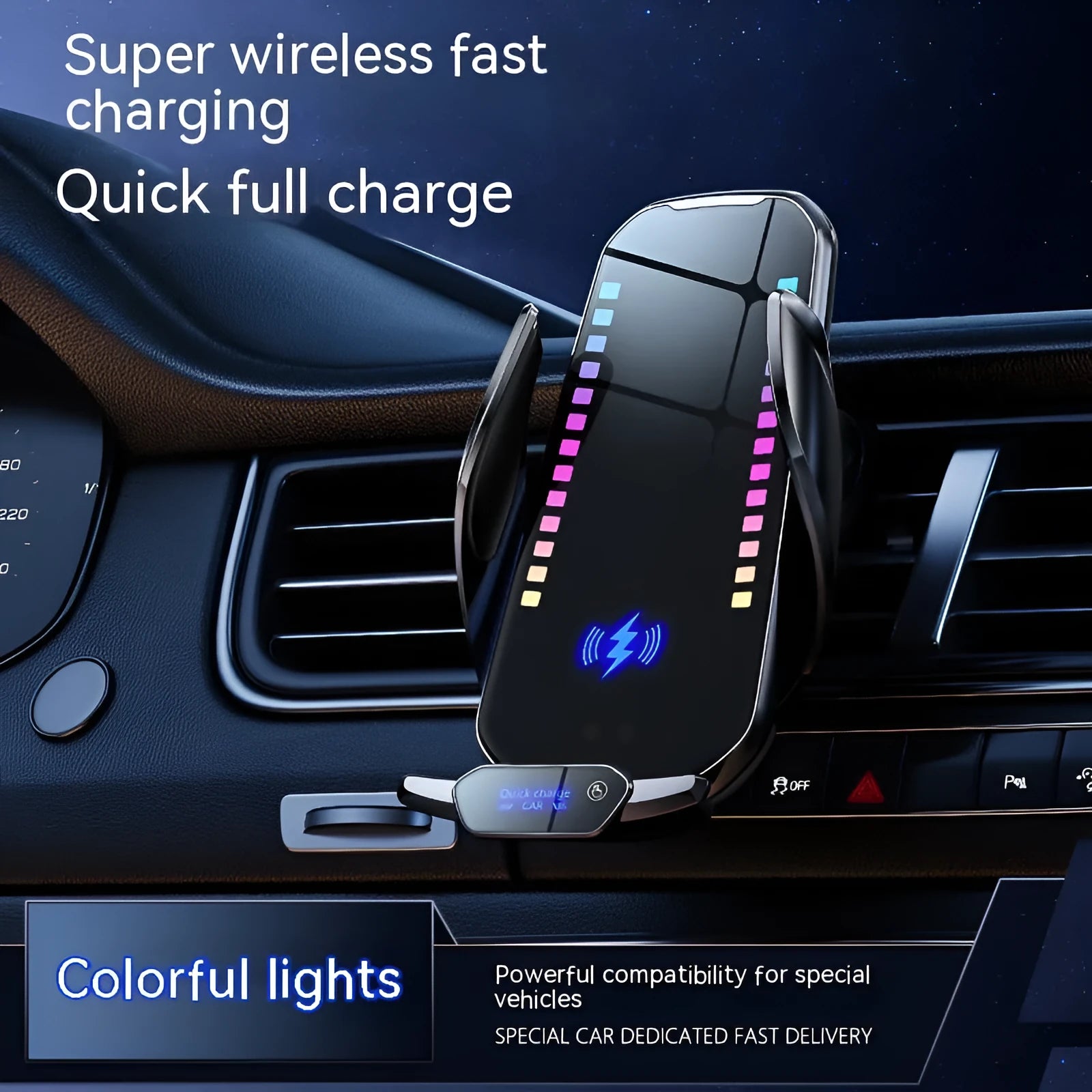 Silver car phone holder with wireless charging and auto clamp on dashboard