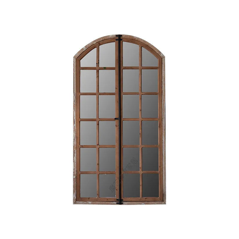 Terrace distressed fake window style wall mirror with wooden frame and glass, log colour finish, A316 design.