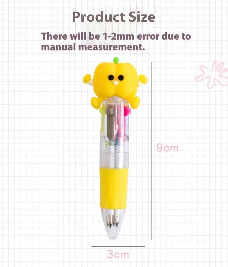 Cartoon-themed four-colour press ballpoint pen showing colour selection button and decorative designs