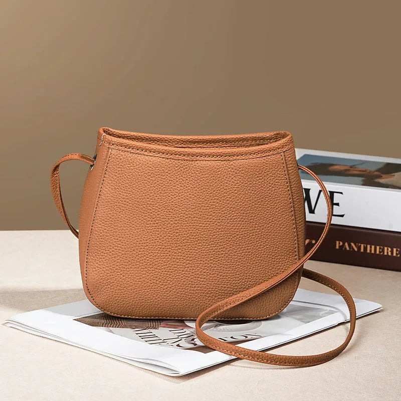Genuine cowhide messenger bag for women square vertical shape with sewn thread detail in beige