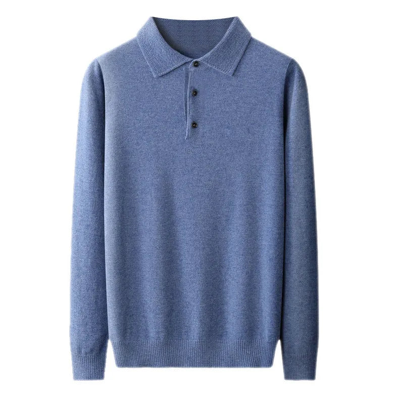 Men's grey wool pullover sweater with a polo collar laid flat