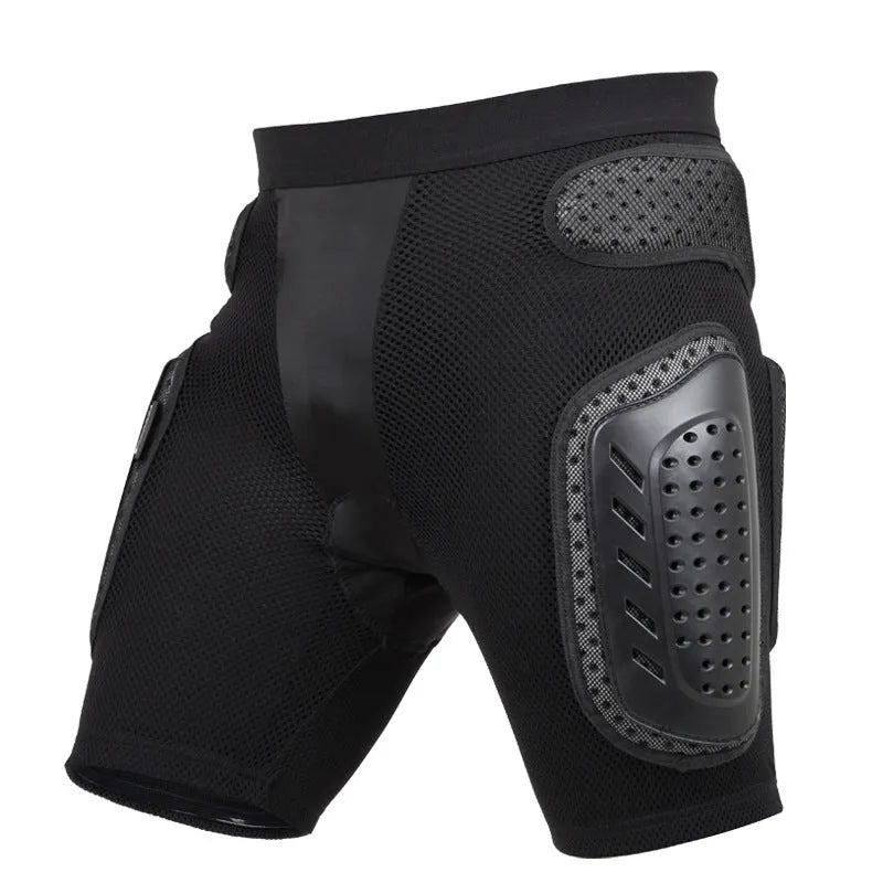 Black cycling hip protection pants showing the integrated protective pad, available in sizes S, M, L, and XL.