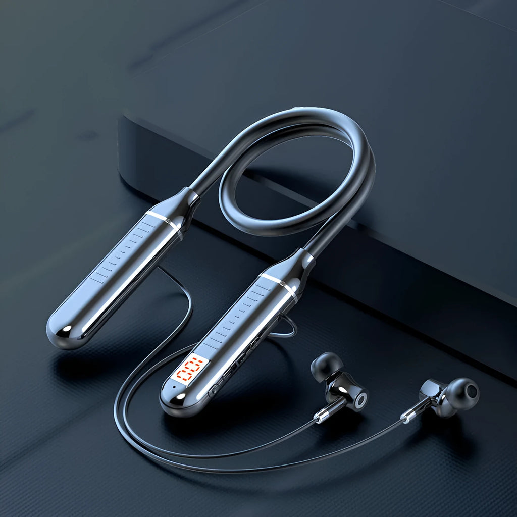 Black wireless Bluetooth sports headset with neckband design and earbuds
