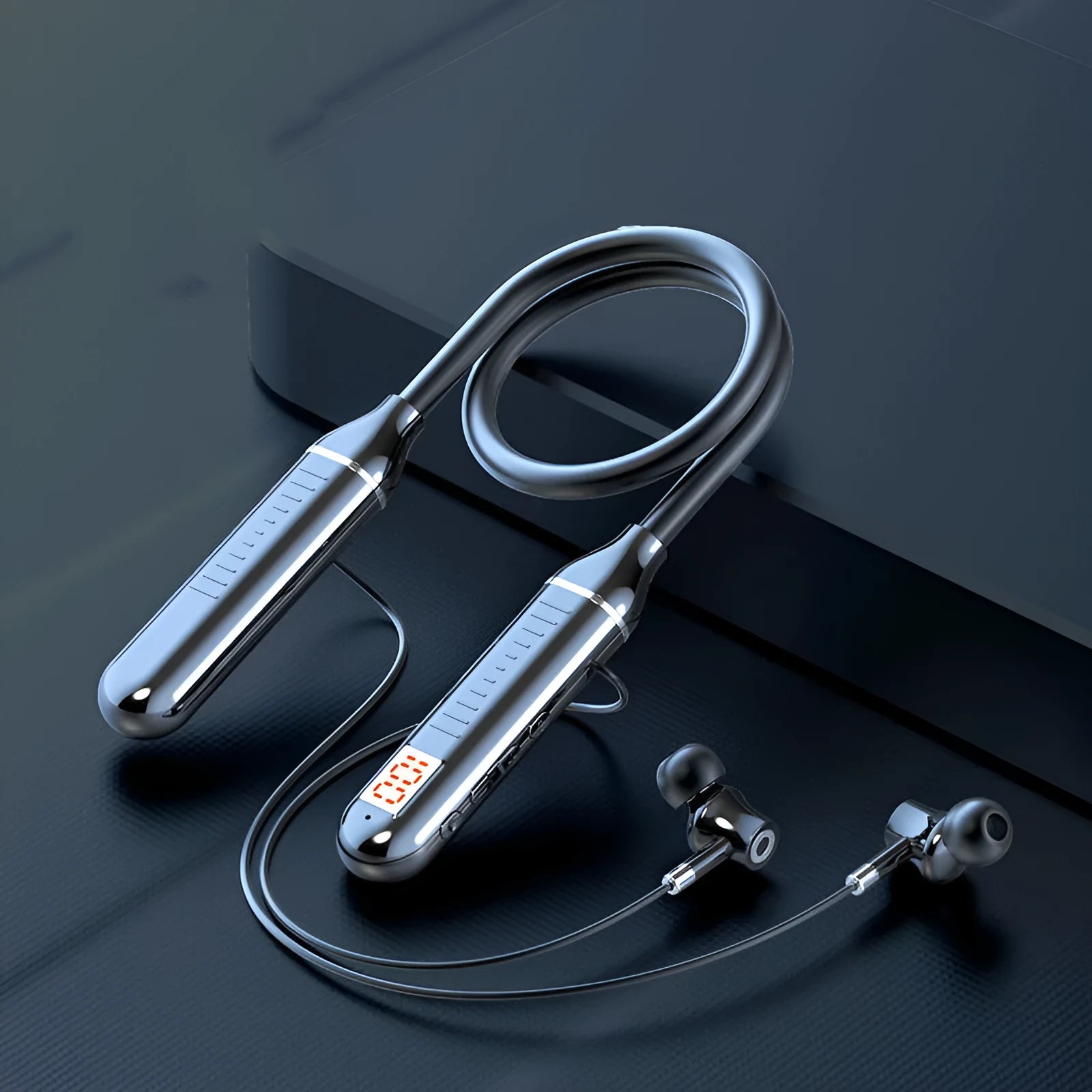 Black wireless Bluetooth sports headset with neckband design and earbuds