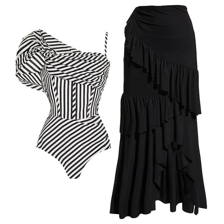 Women's one-piece ruffled striped swimsuit with black skirt in polyester fabric