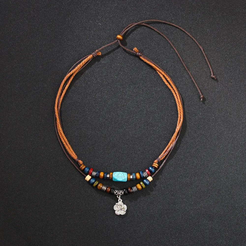 Men's classic wooden bead necklace with turquoise wax rope and alloy geometric flower pendant