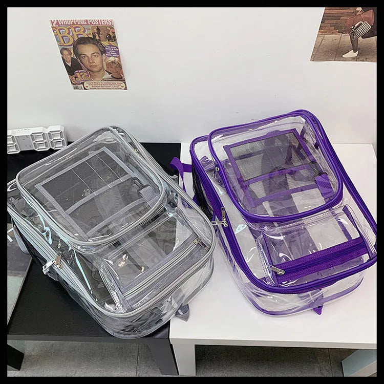 Transparent PVC waterproof backpack with inner bag in grey, measuring 30cm by 16cm by 44cm